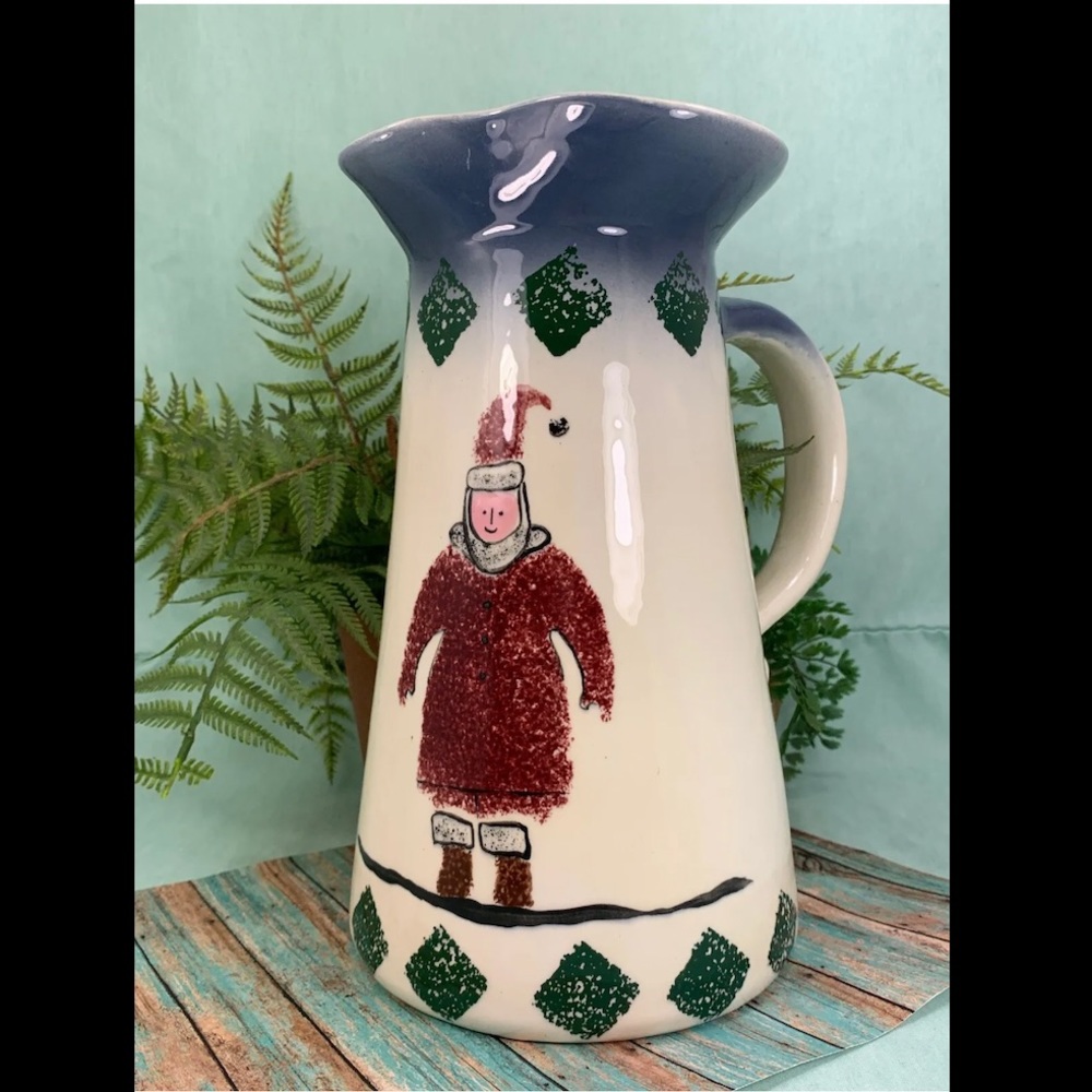 ⭐️Flat Earth Pottery Santa Pitcher Sponge Red Bkue Green 1994